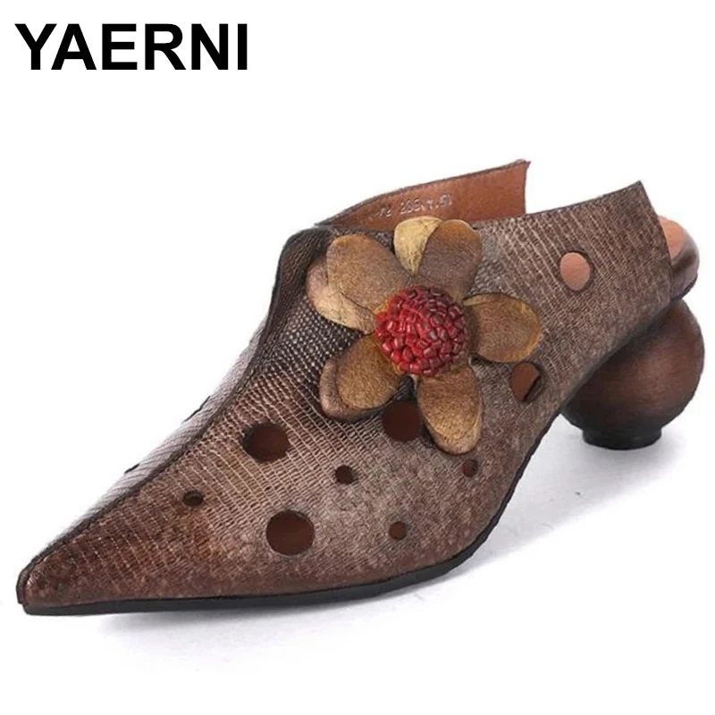 

5.5cm Women Summer Point Toe Natural Cow Genuine Leather Slippers Chunky Heels Fashion Ladiy Ethnic Appliques Flower Shoes