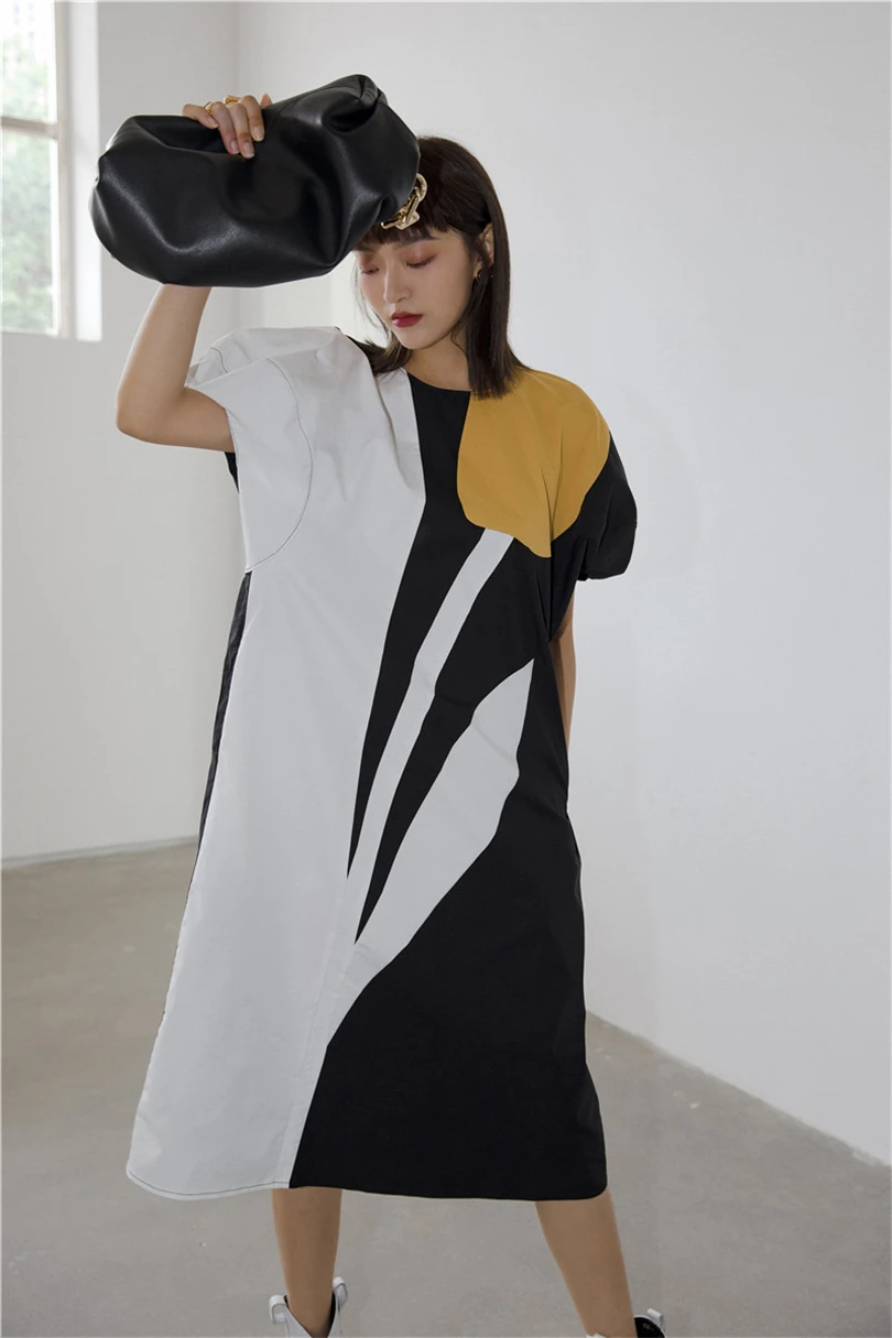 2022 spring new short sleeve printing color matching long dress for