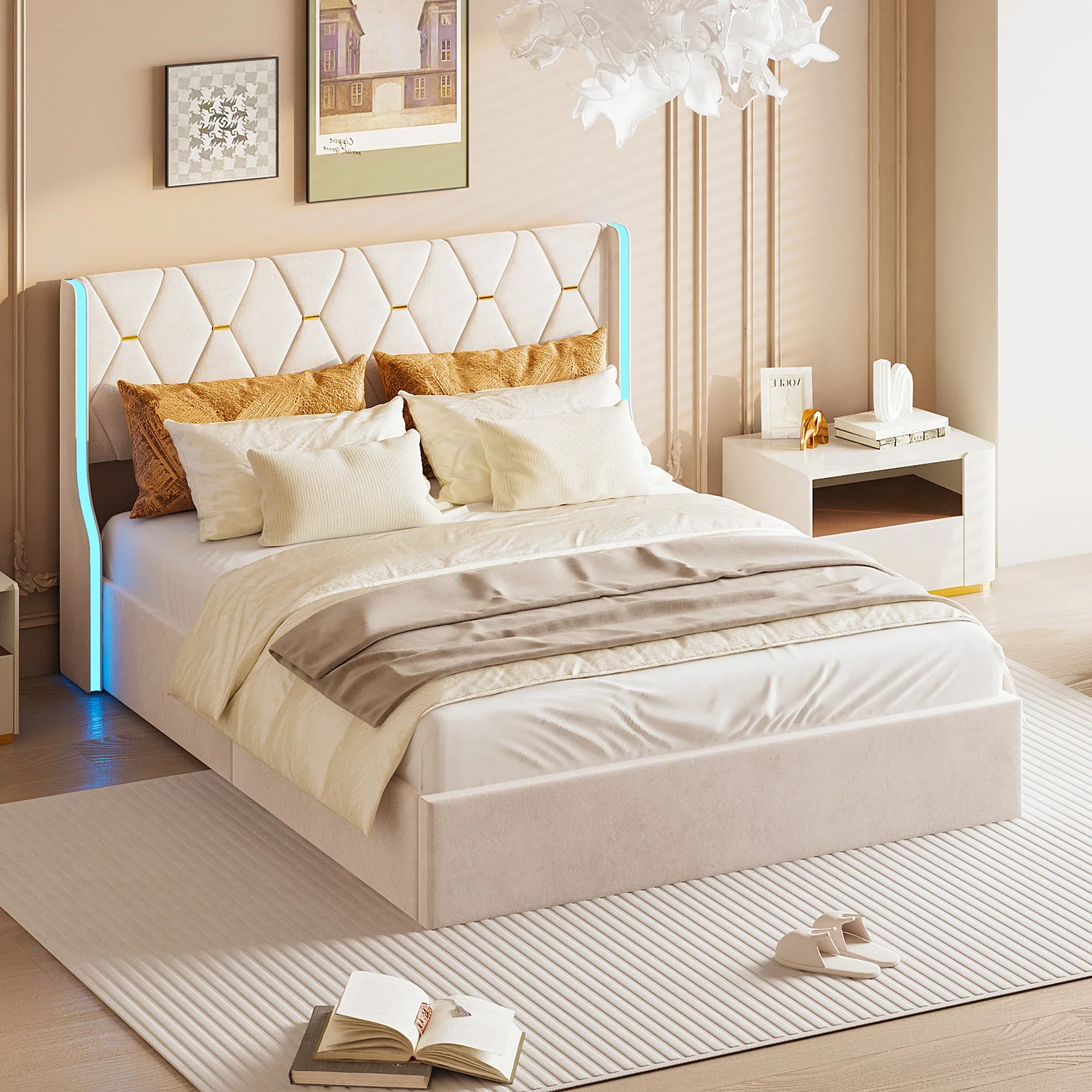 Comanlai Polsterbett, Bettgestell mit LED-Beleuchtung und Hydraulikstange, Doppelbett mit Lattenrost, Ohne Matratze, Beige – Detail 5