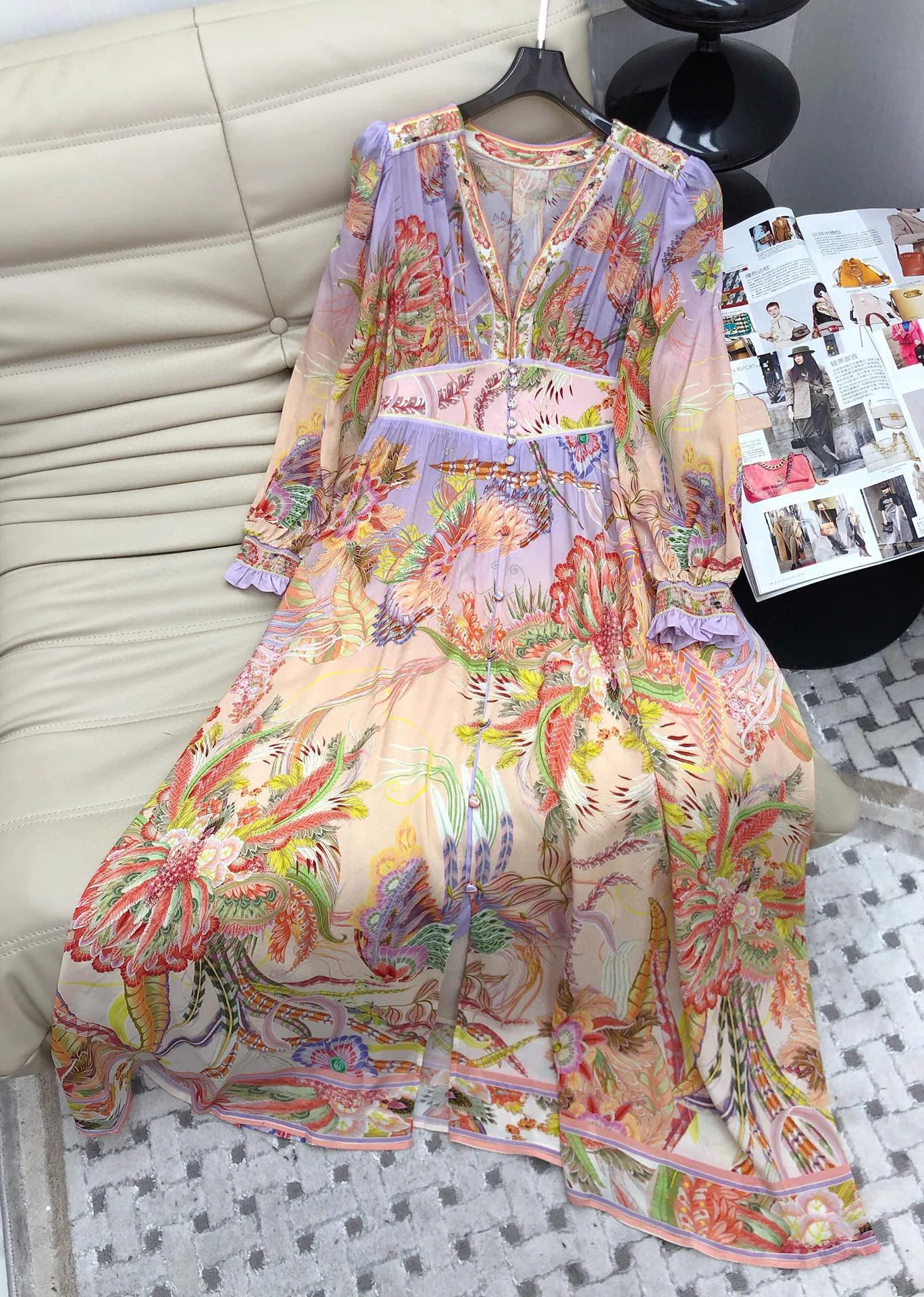 

Bohemian Floral Printed Crystal Buttons Silk Dress