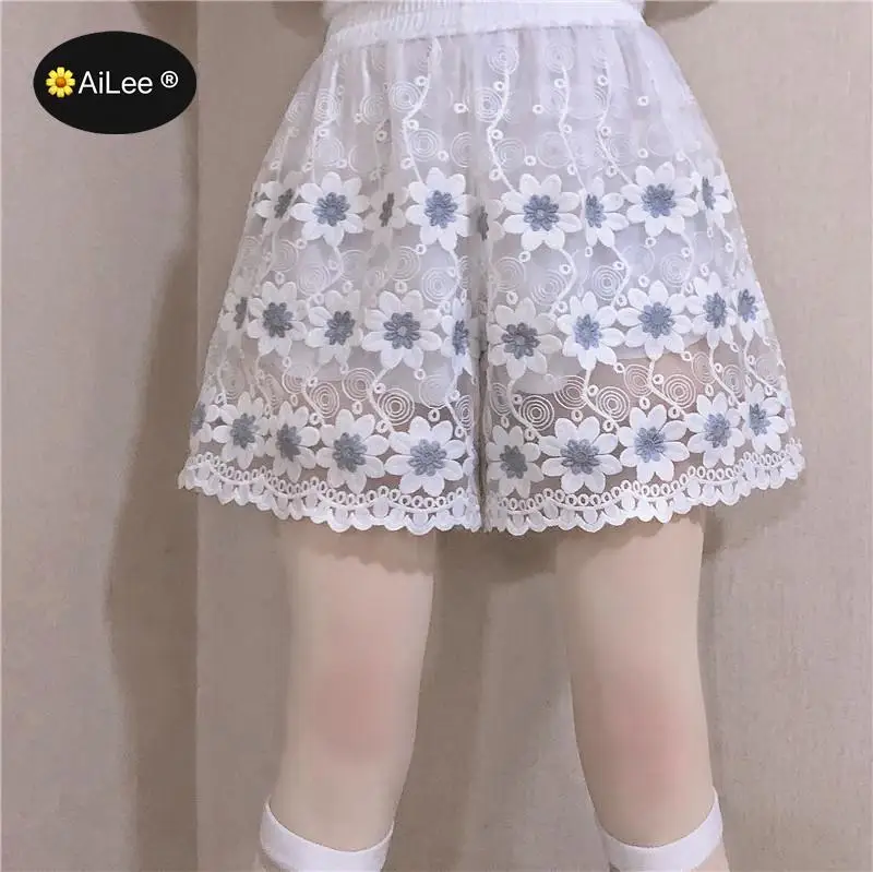 Women Summer High Waist Shorts Lace Crochet Embroidery Wigh Leg Shorts Lolita Loose 2 Layers Underskirt Safety White Shorts