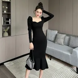 Vestido francés Vintage negro con abertura para mujer, vestido de Primavera de manga larga abombada, ajustado a la cintura, para fiesta