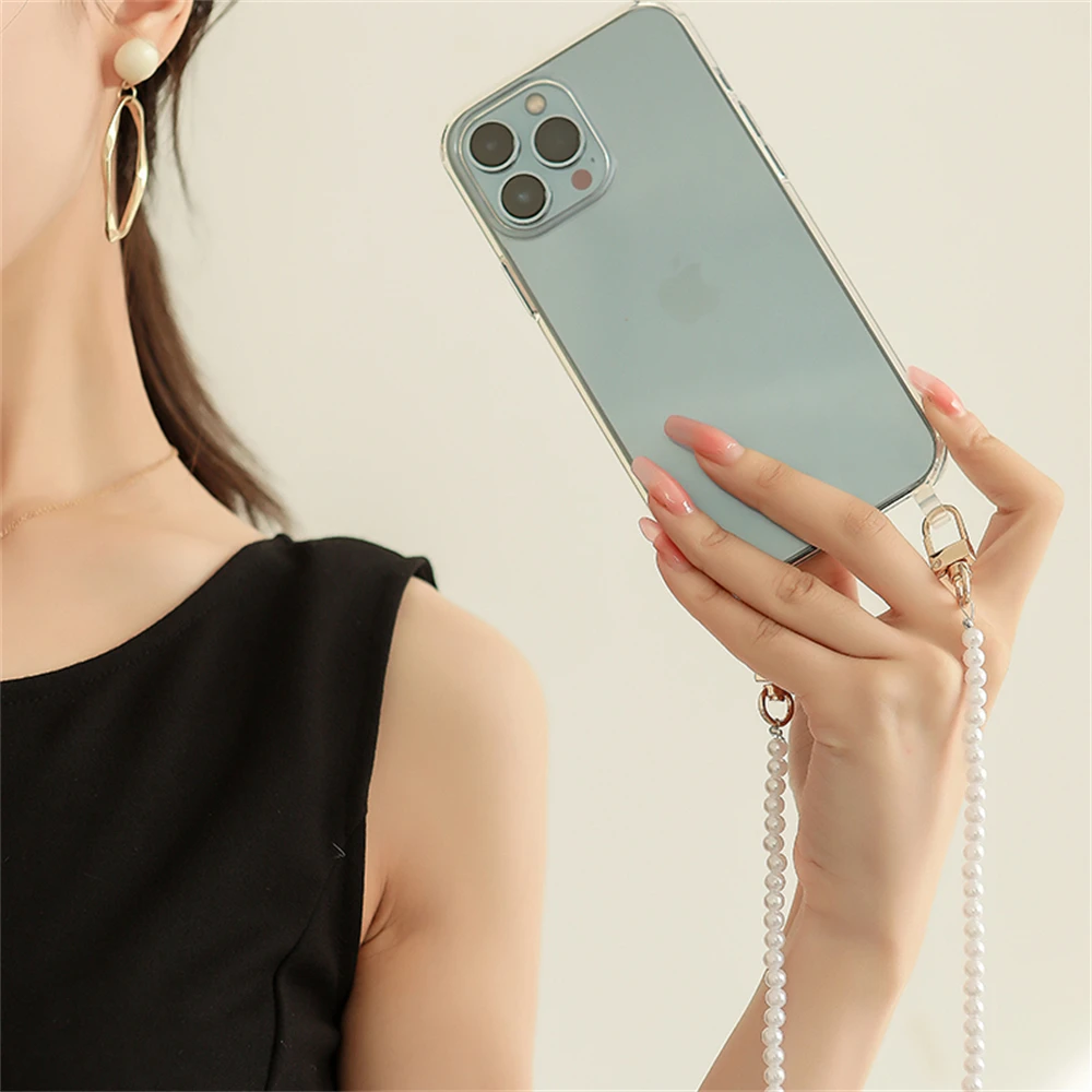 Luxury Acrossbody Pearl Lanyard Necklace Phone Case with Clear Acrylic Cover