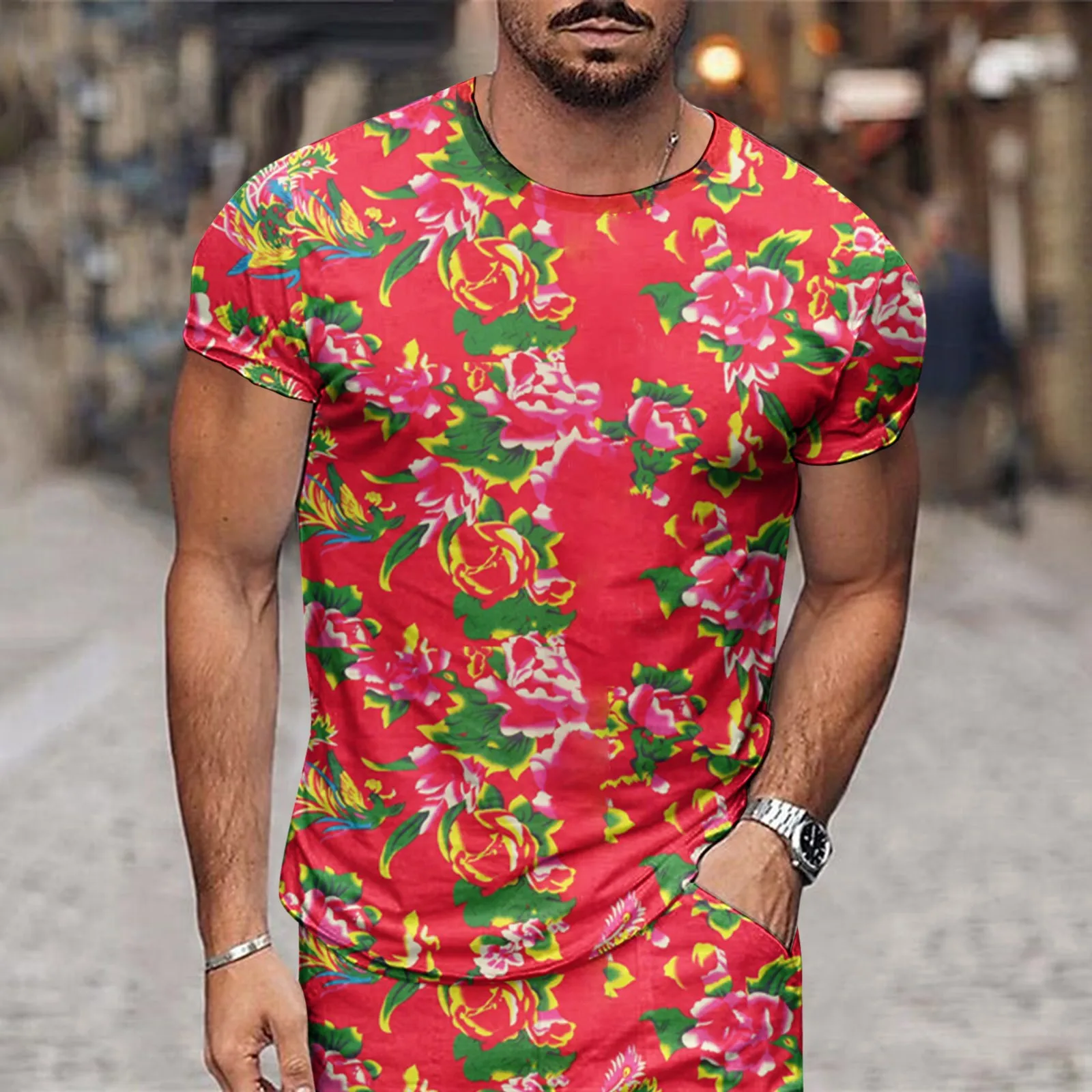 

Vintage Chinese Style Floral T-Shirt Mens Round Neck Short Sleeve Fit Slim Tee Shirt Summer Pollover Streetwear Male Clothing