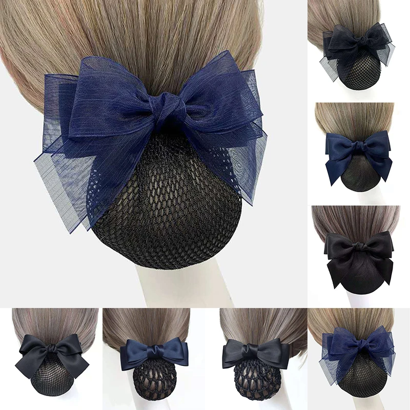 2022 New Ribbon Bows Net Hairgrips Crochet Bun Net Snood Bow Hair Clips Mesh bow Net Barrettes Office Lady Bow Tie Barrette