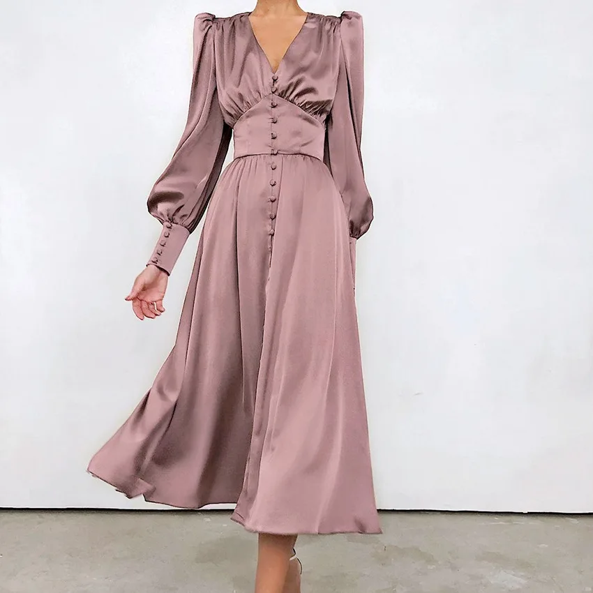 

2023 Autumn/Winter Women's Long Dress V-Neck Satin Waist Wrapped Retro Dress Women