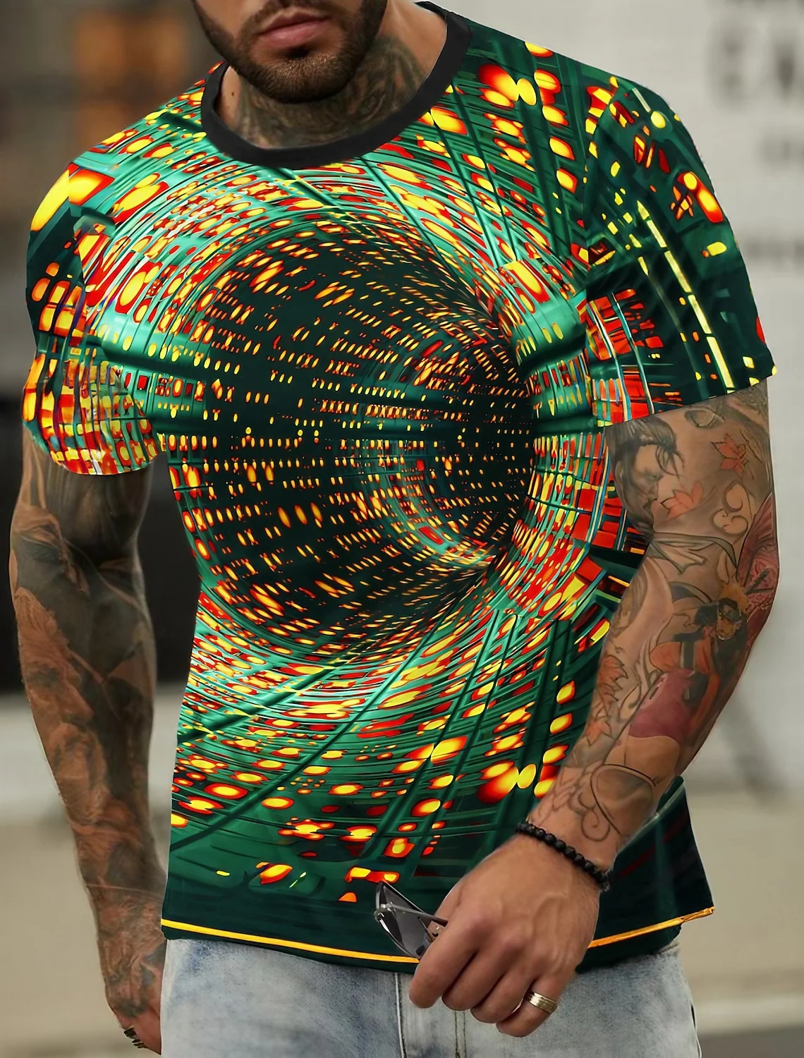 

Футболка мужская с геометрическим 3D-принтом, модная рубашка с коротким рукавом, с переходом по времени и космосу, с градиентом, уличная одежда