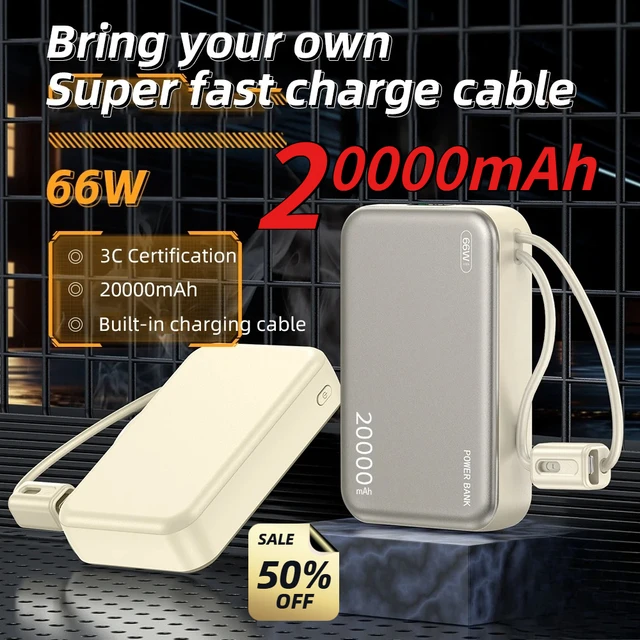 20000mAh 66W Fast Charge Power Bank CCC Chinese Certification with Cable for Xiaomi Huawei Samsung IPhone