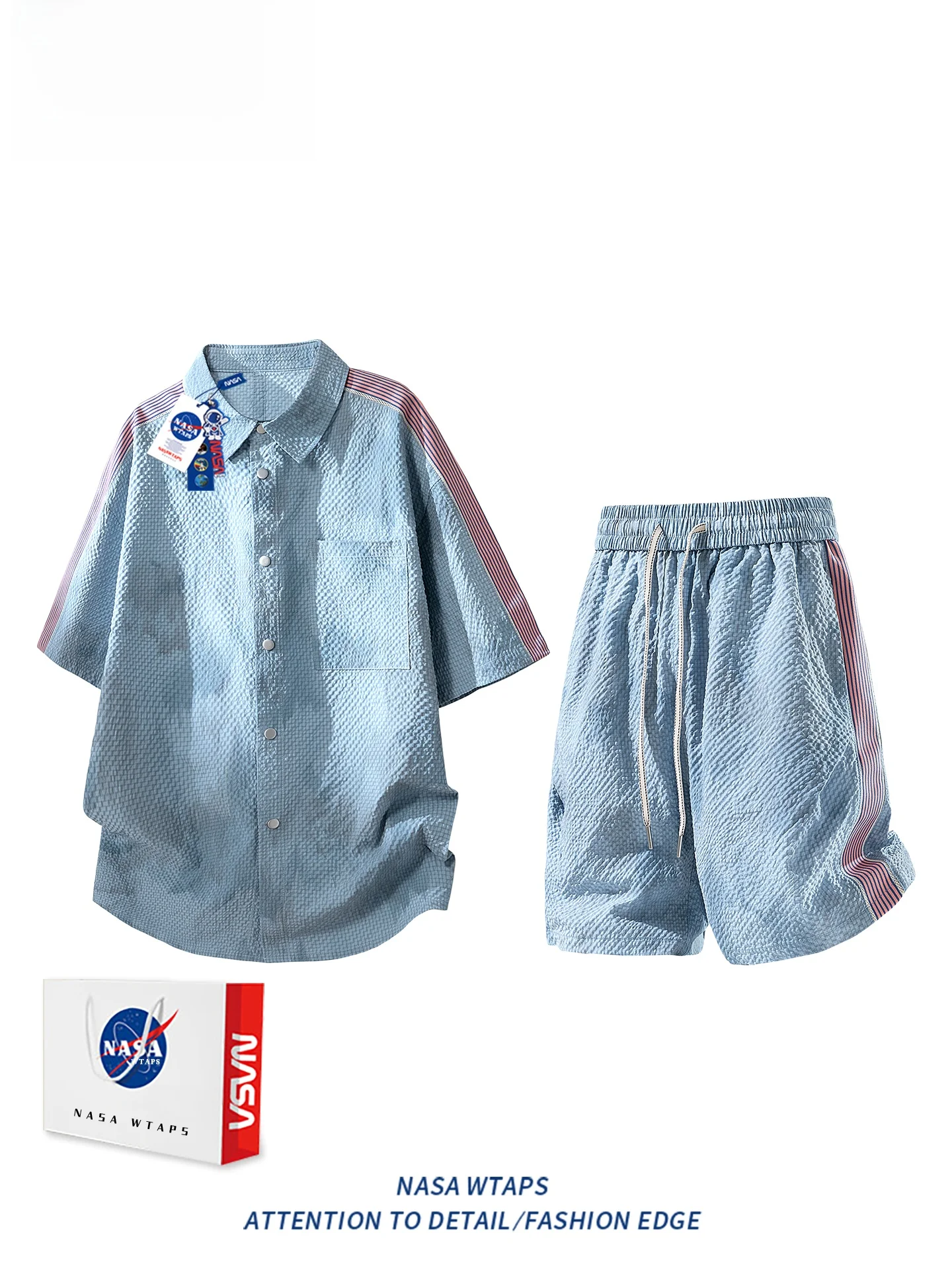 WTAPS 남성용 여름 아이스 실크 캐주얼 스포츠웨어 반팔 세트 반팔 폴리에스터 섬유 셔츠 반바지 청소년용