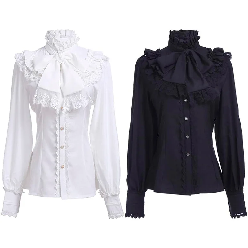 

Womens White Bowknot Lace Ruffled Shirts Vintage Vampire Renaissance Victorian Steampunk Gothic Medieval Shirt Halloween Costume