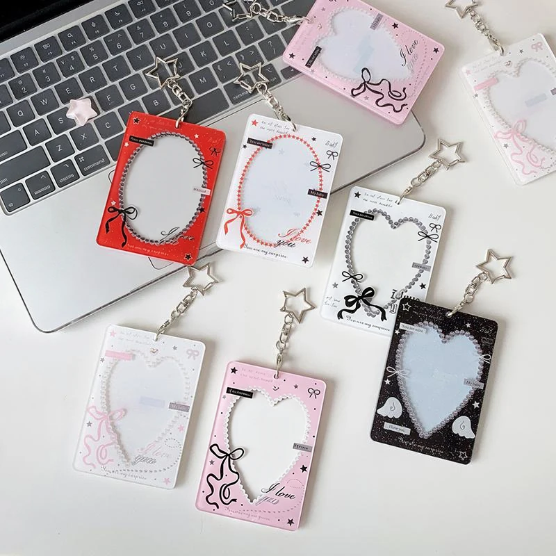 Herzförmiger Photocard-Halter mit Stern-Schlüsselanhänger, Niedlicher Spitzenrahmen, Ausweishülle, Kpop-Photocard-Schutzhülle, Taschenanhänger, Geschenk für Fans