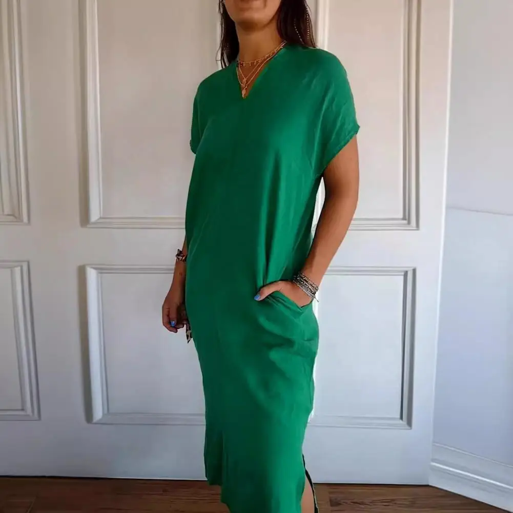 

Lady Casual Dress Loose Long Dress Elegant V Neck Midi Dress with Side Pockets Lace-up Back Summer Women's Casual Solid for Soft