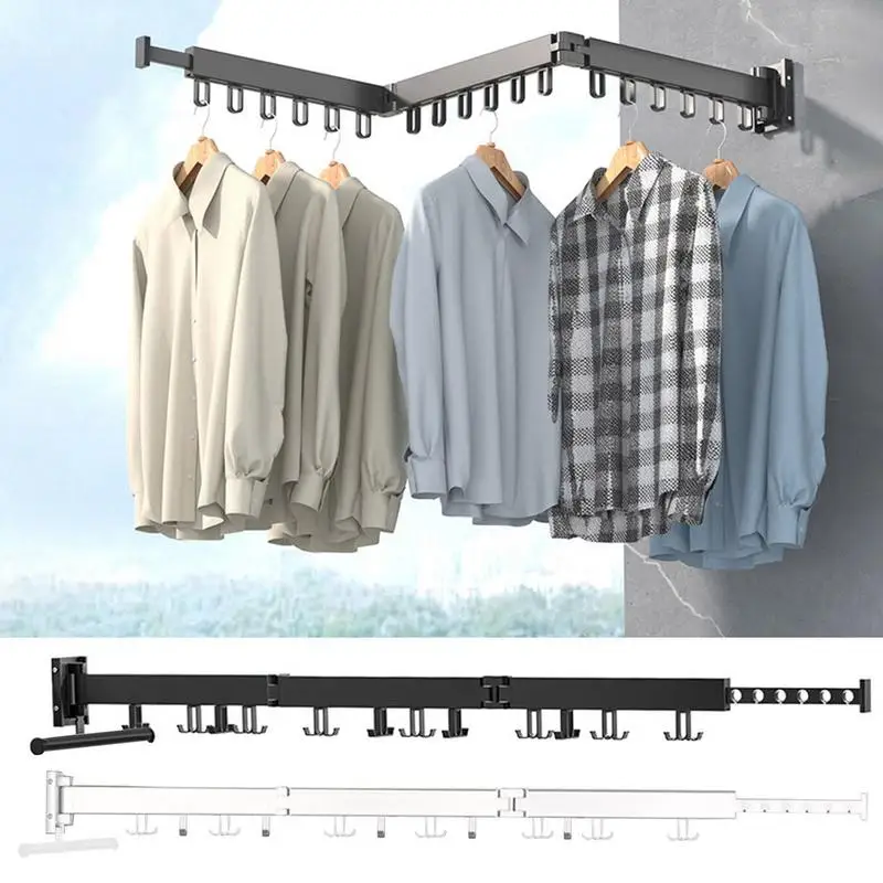 

Wall Mounted Clothes Hanger Rack Retractable Hanger For Laundry Foldable Clothes Stand With Hooks Strong Load-Bearing Clothes