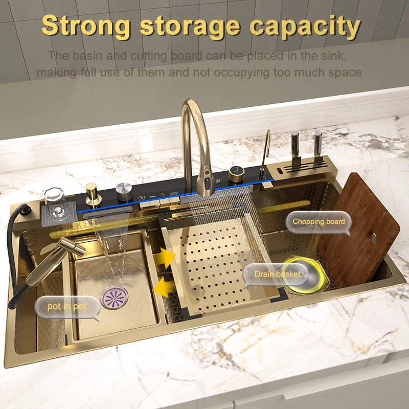 Golden Stainless Steel Kitchen Sink Waterfall Outlet Large Single Sink Digital Display Dishwashing and Vegetable Sinks kitchen sink