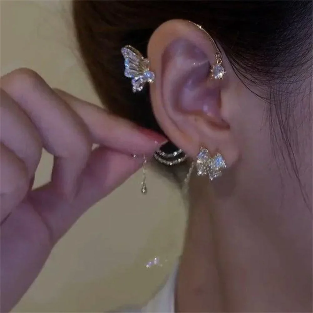Shiny Zircon Butterfly Ear Cuff Gold Color Tassel Clip Earrings For Women Korean Copper Without Piercing Fashion Jewelry