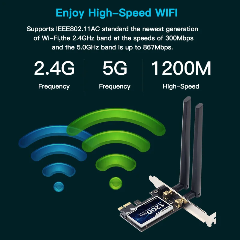 1200Mbps AC1200 WiFi 6 PCI-E 듀얼 밴드 2.4G/5Ghz 게이밍 무선 PCIe 카드 어댑터 802.11AC 윈도우 10/11 데스크탑용