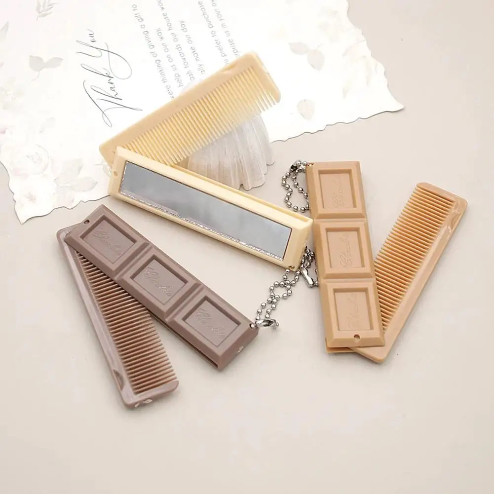 2 In 1 Portable Folding Comb Chocolate Shaped Mini Hair Comb With Mirror Creative Travel Hair Styling Tool