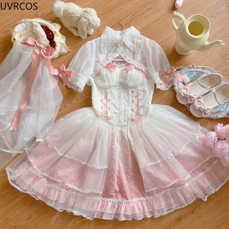 Pink Kawaii Gradient Color Lolita Dress Women Sweet Slim Bandage Bow Flower Dresses Female Vintage Elegant Fairy Party Dress Set