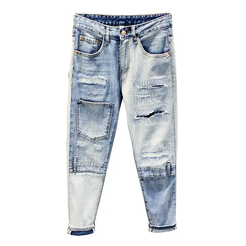 Autumn style high street color contrast patchwork ripped jeans men's trendy beggar slim fit small foot long pants Korean version