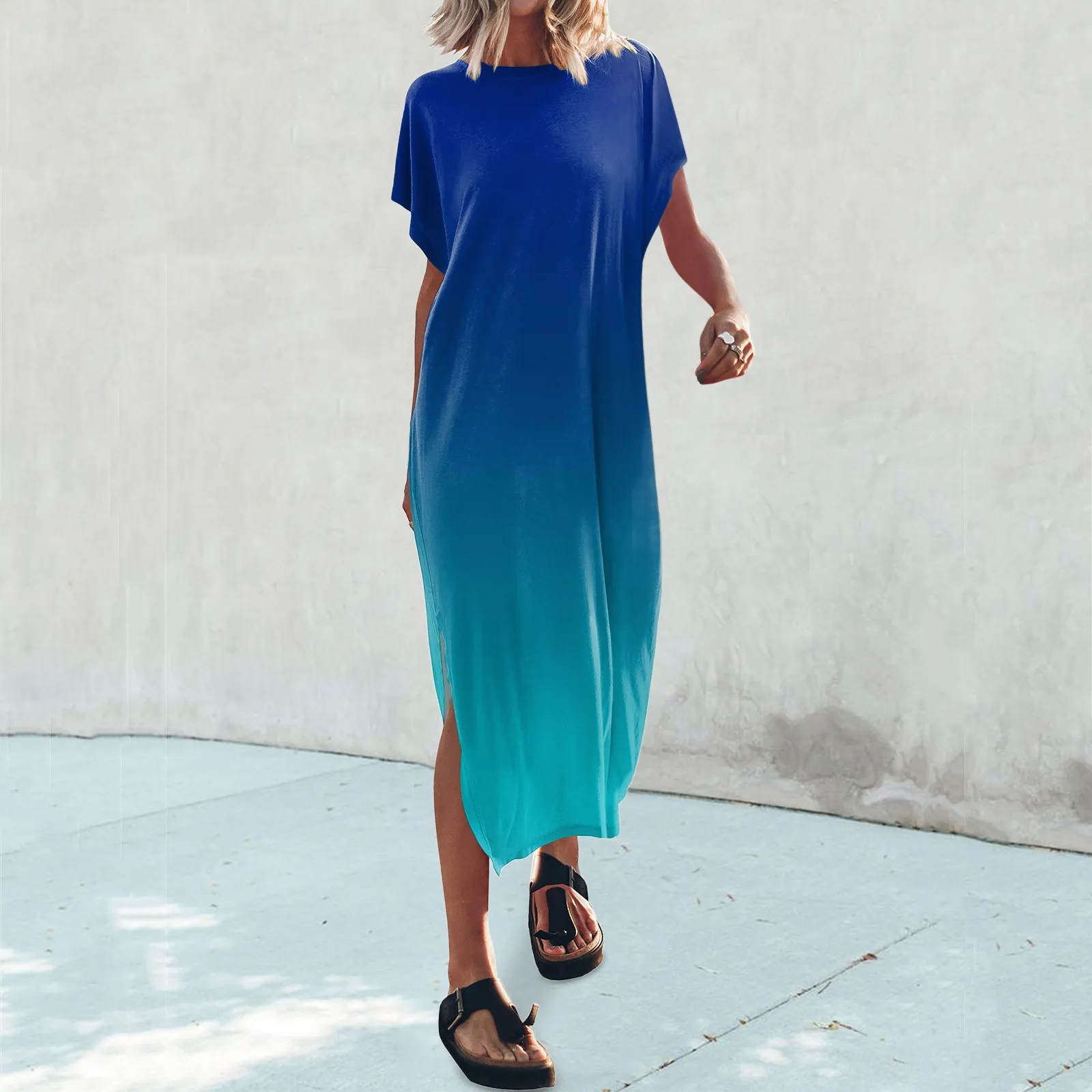 

Women's Summer Gradient T Shirt Maxi Dress Batwing Sleeve Crewneck Casual Loose Slit Side Long Beach Dresses Female Vestidos