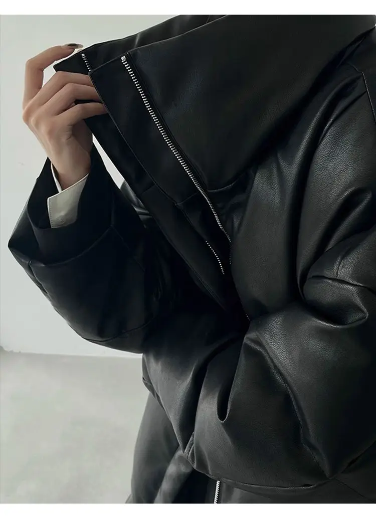 Winter Long Pu Leather Down Jacket Female Black Thick Warm Cotton Parka Outwears Women White Duck Down Knee Length Down Jackets
