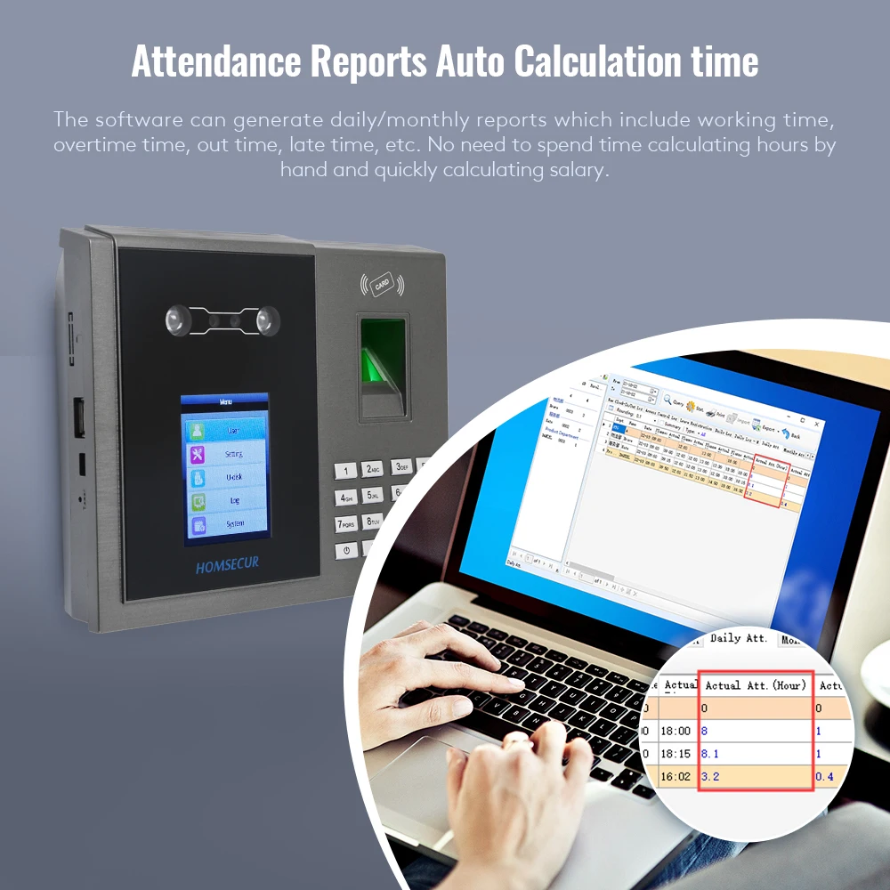 HOMSECUR New Face Fingerprint RFID Card Time Attendance+Free Software+WiFi+DST
