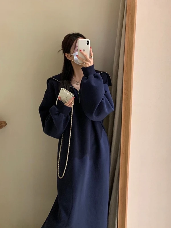 Long Fce-lined Cotton Zipper Collar Dr Casual Warm Lazy Sle A-line Skirt Korean Version Winter Faion Women's Dr