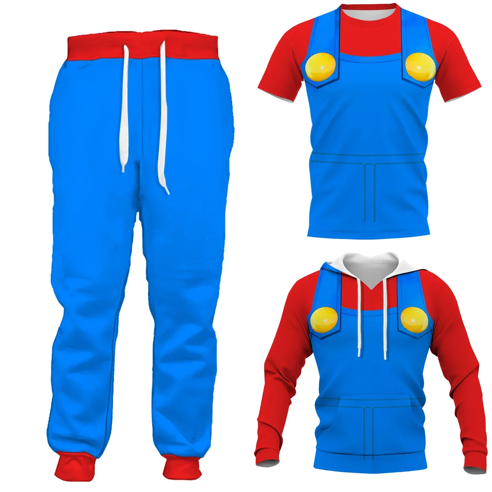 HX Mari Brother Bowser Clothing Red Blue Overall Printed T-shirts Sweatshirts Hoodies Male Female Cosplay Costumes Dropshipping