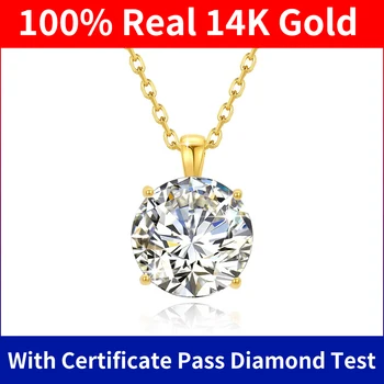 Szjinao 100% Real 14k Gold Moissanite Necklace For Women 6.5mm 1.0ct D Color AU585 K Gold Luxury Pendant Certificated Wholesale
