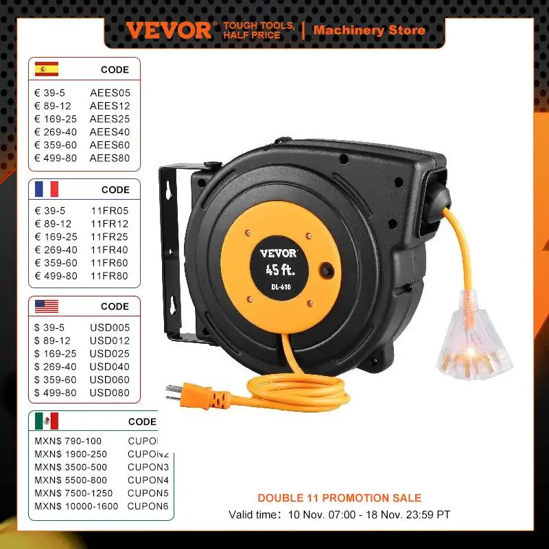 VEVOR Retractable Extension Cord Reel 45/50/65 FT with Lighted Triple Tap Outlet&180° Swivel Bracket Black Heavy Duty Power Cord
