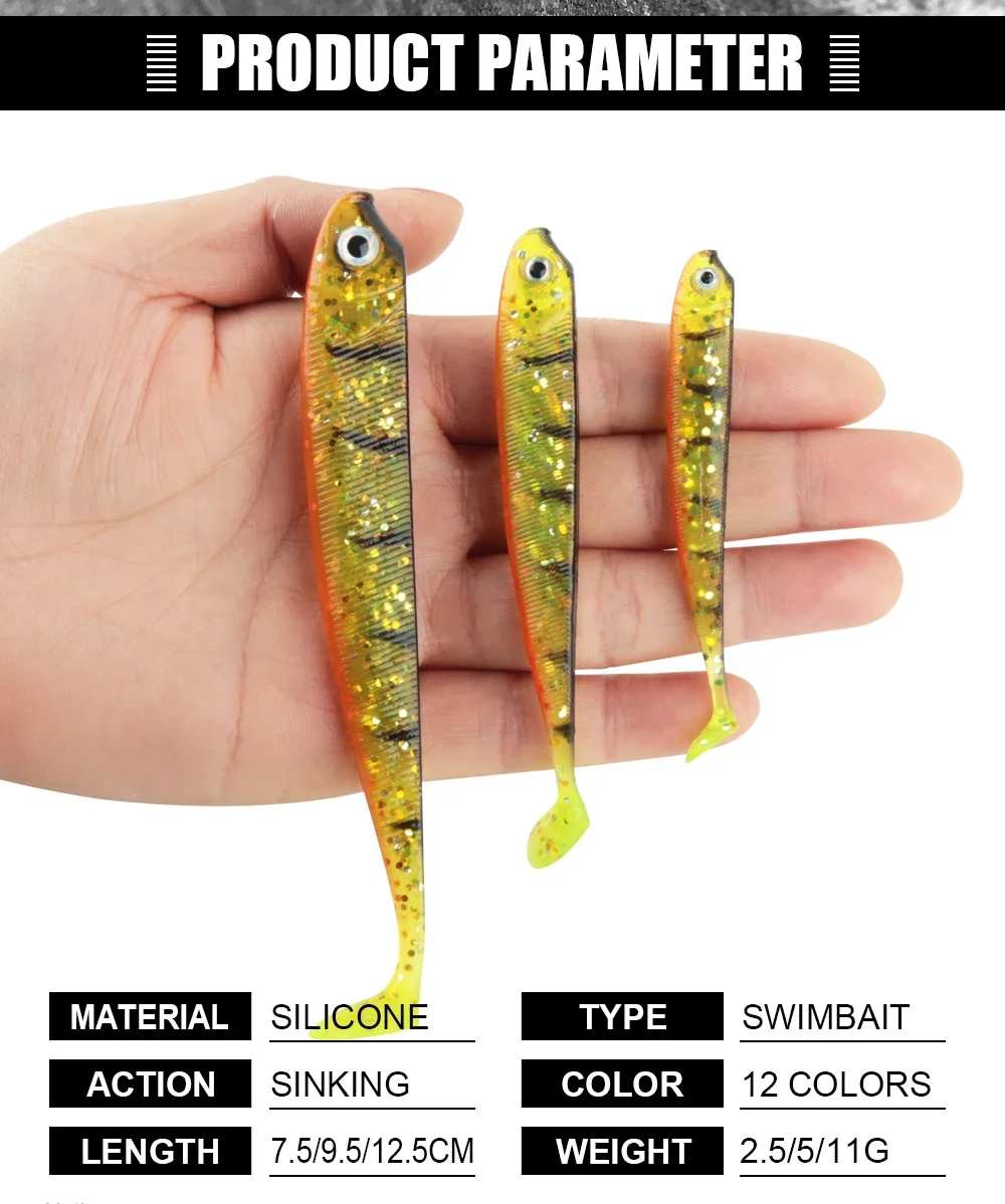 Description Picture 3 of itemSpinpoler Soft Fishing Lure 7.5cm 9.5cm12.5cm Shad Swimbait T Tail Rubber Fake Fish Wobblers Bass Pike Bait Aritificial Silicone