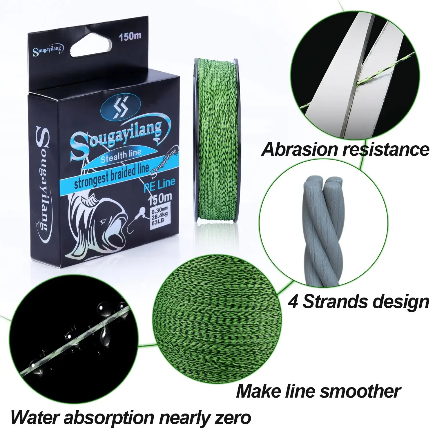 Fishing Line Sougayilang 150M 350 550M 4 Strands Speckled Braided Fish Line 20-78LB Smooth Durable Carp Fishing Ice Sea Cord 0.14-0.40mm