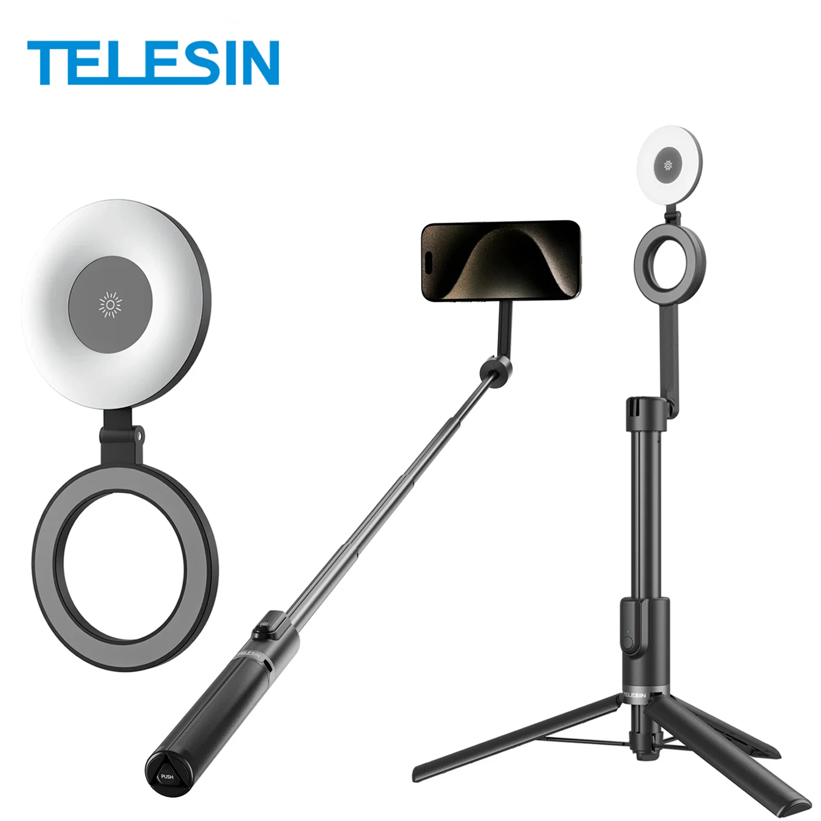 

TELESIN 1,3 м магнитный штатив для селфи + пульт дистанционного управления Bluetooth + заполняющий свет для Iphone 15 14 13 12 11 XIAOMI HUAWEI SAMSUNG VIVO
