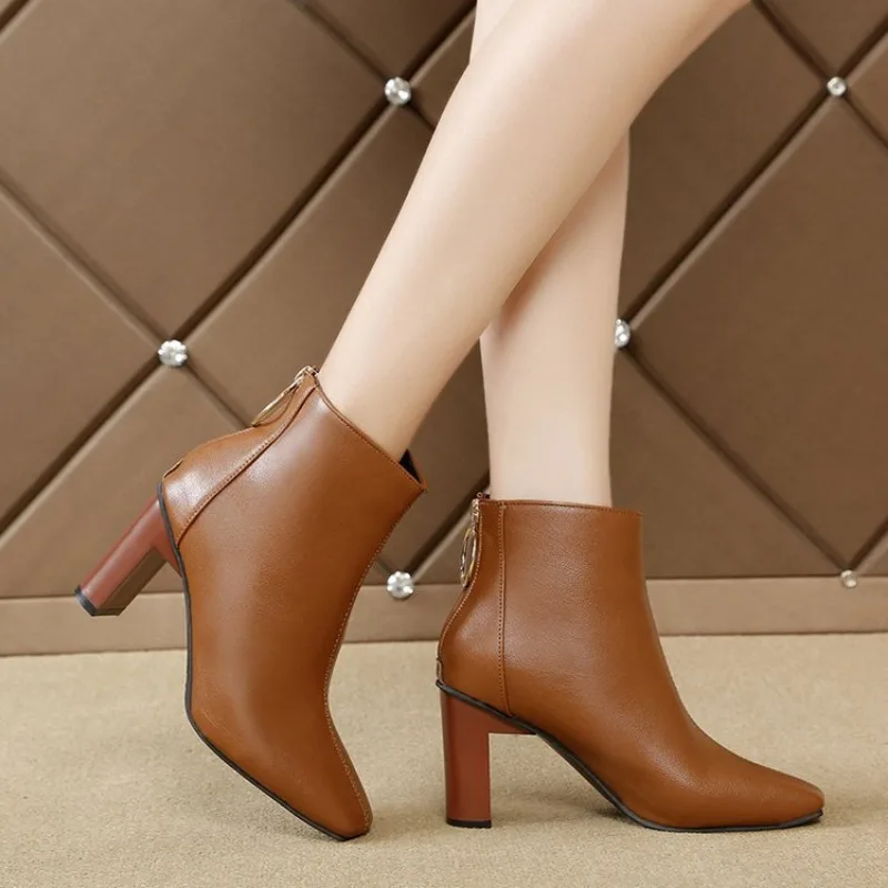 Autumn Winter Women's Fashion Short Boots Solid Color Square Toe High Heels Solid Color Boots Simple Casual High Heel Shoes