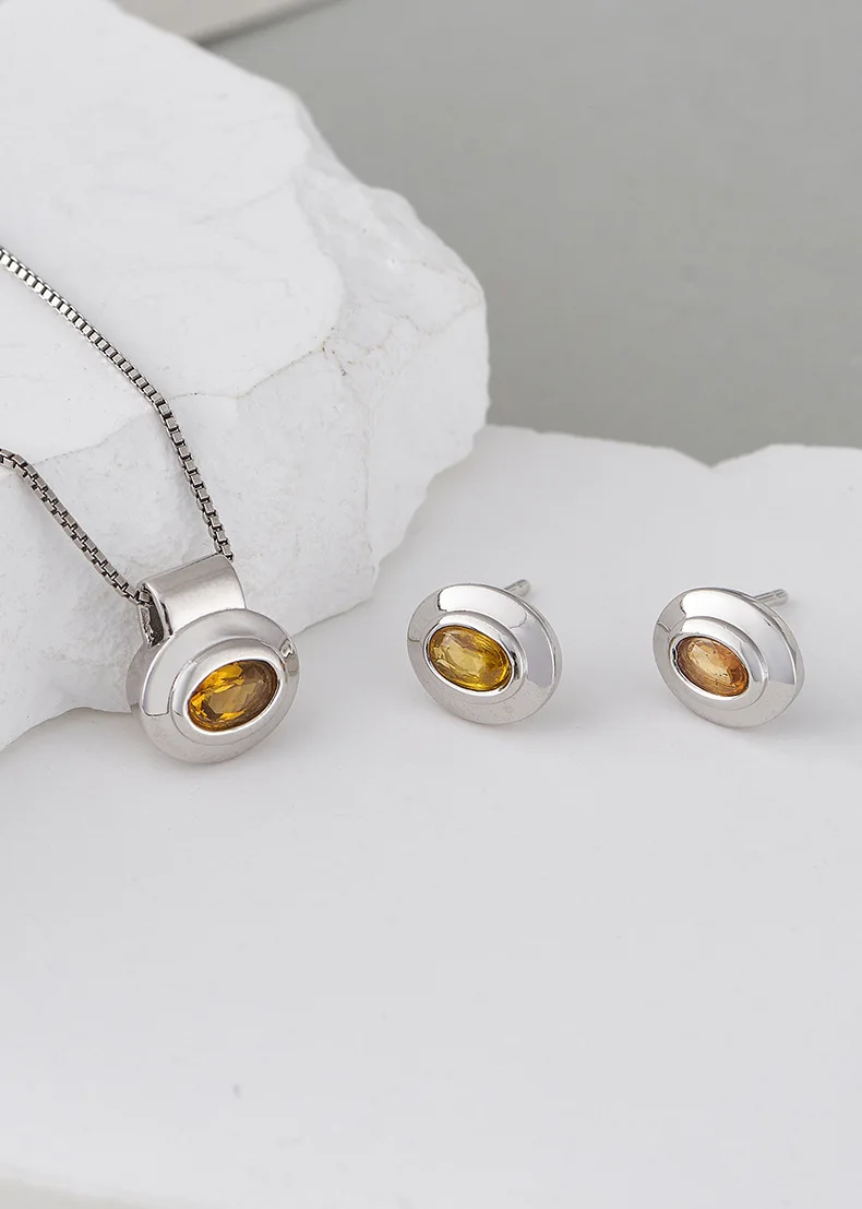 Silver Inlaid with Natural Citrine Classic Oval Shaped Earrings & Pendant