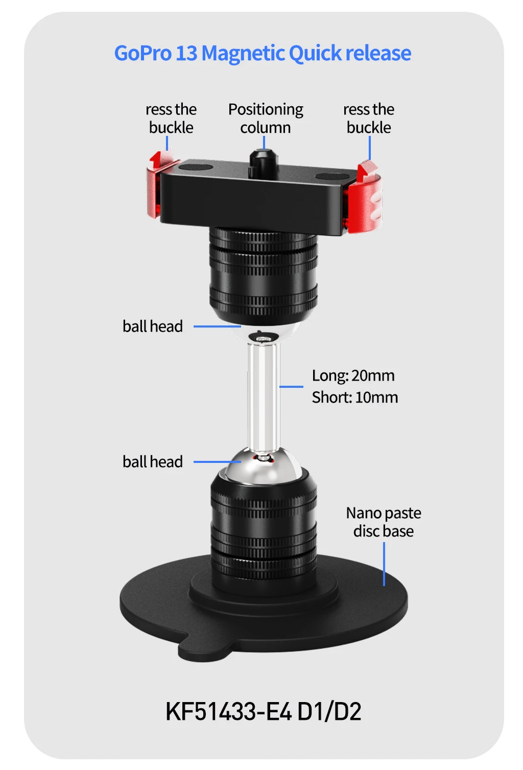 54 mm starke Aufkleberbasis, Schnellverschluss-Halterung 360 ° Rotation Dual Ballhead Halterung Basis Action Kamera Halter für DJI Insta360 G03 – Detail 13