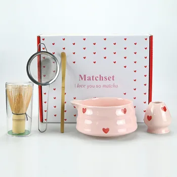 2/4/5pcs Matcha Whisk Set with Pink Heart Design, Matcha Set Includes Matcha Bowl, Matcha Whisk and Whisk Holder, Scoop, Sifter, 1