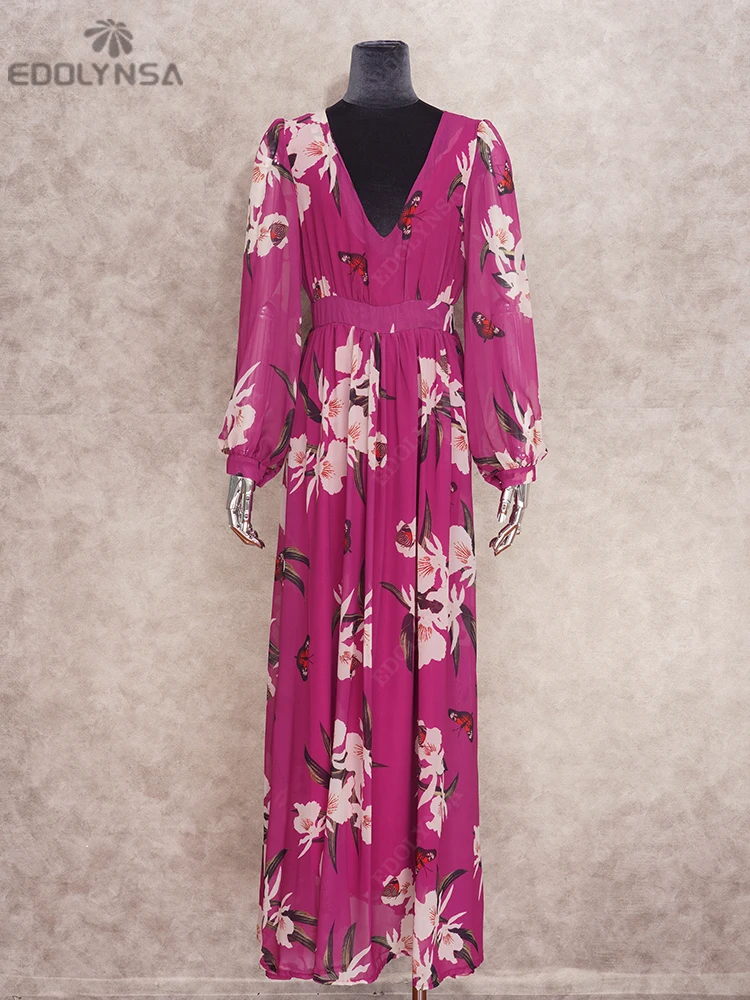 Purple Print Print Bikini Cover-ups Sexy Cross Open Back Long Sleeve Summer Dress Women Beach Wear Swim Suit Cover Up A914