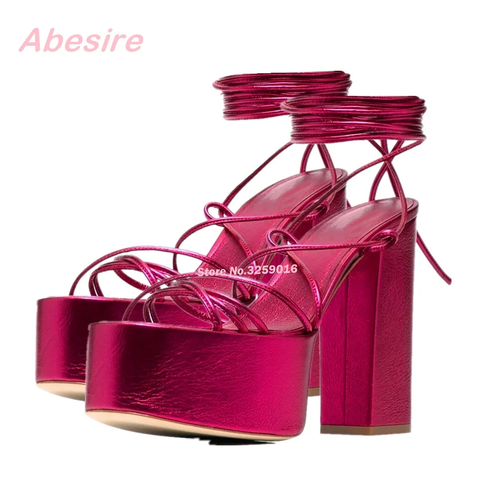 

Purplish Red Platform Lace Up Sandals Glossy Open Toe Chunky Heels Slingback Summer Sandals for Female Elegant Party Shoes Sexy