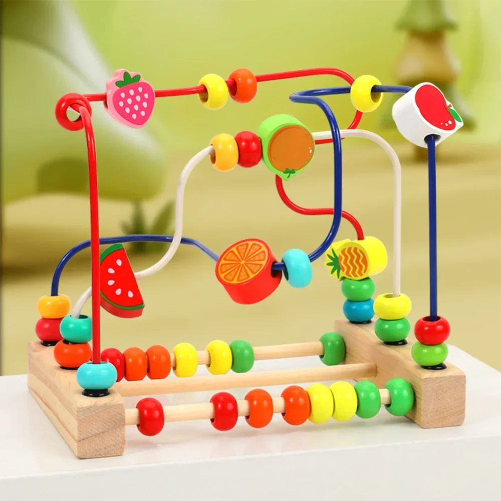 Children's Wooden Toys Cartoon Fruit Beads Puzzle Counting Learning Puzzle Circles Montessori Toys Baby Early Education Maze 2
