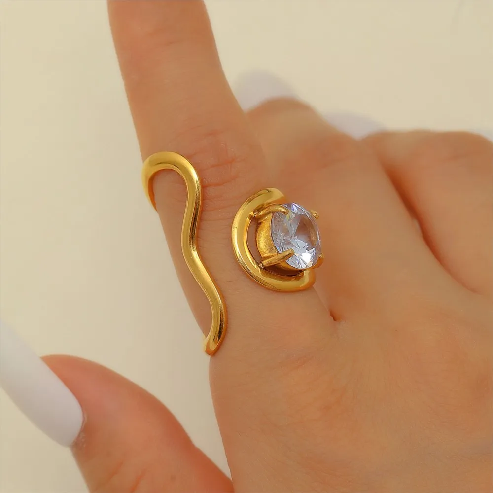 316L Stainless Steel Zircon Inlay Irregular Ring for Women Retro Metal Open Rings Party Jewelry Gifts