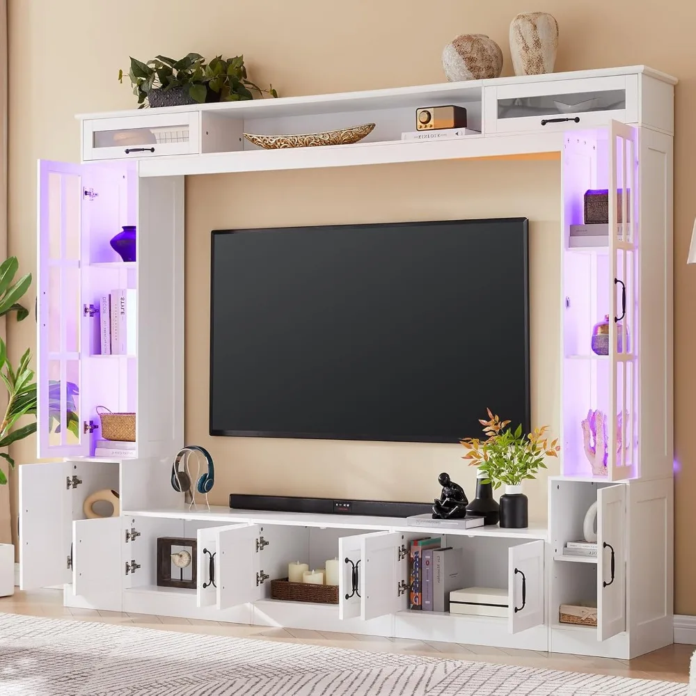 98" Wall Unit with LED Lights for TVs up to 80", Large Modern Wood Tall TVs Stand Console Table Storage Cabinet, TV Stand 5