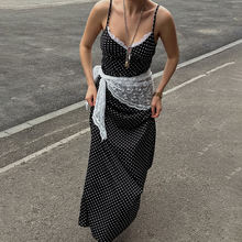Polka Dot Lace Splice Maxi Dress – Deep V-Neck Spaghetti Strap Slim Style