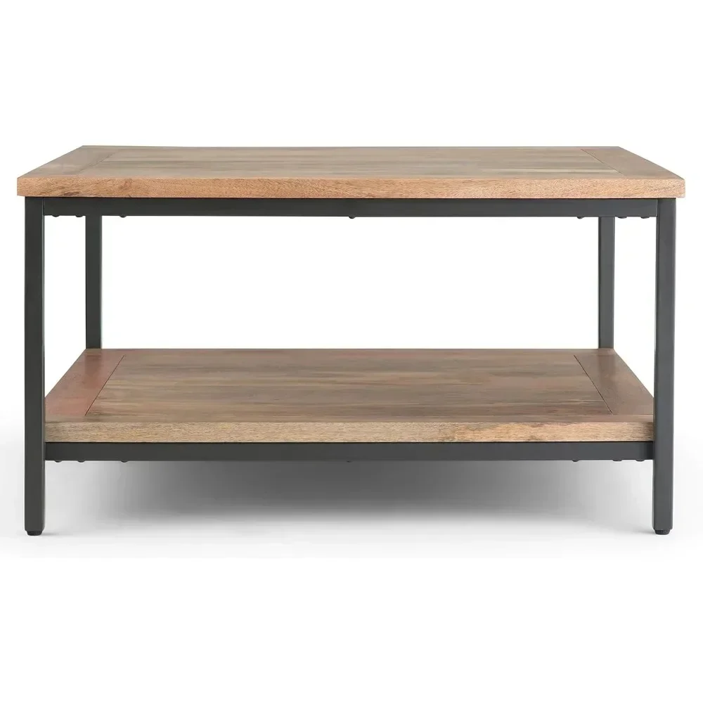 SOLID MANGO WOOD and Metal 34 Inch Wide Square Modern Industrial Coffee Table in Natural, for The Living Room and Family Room