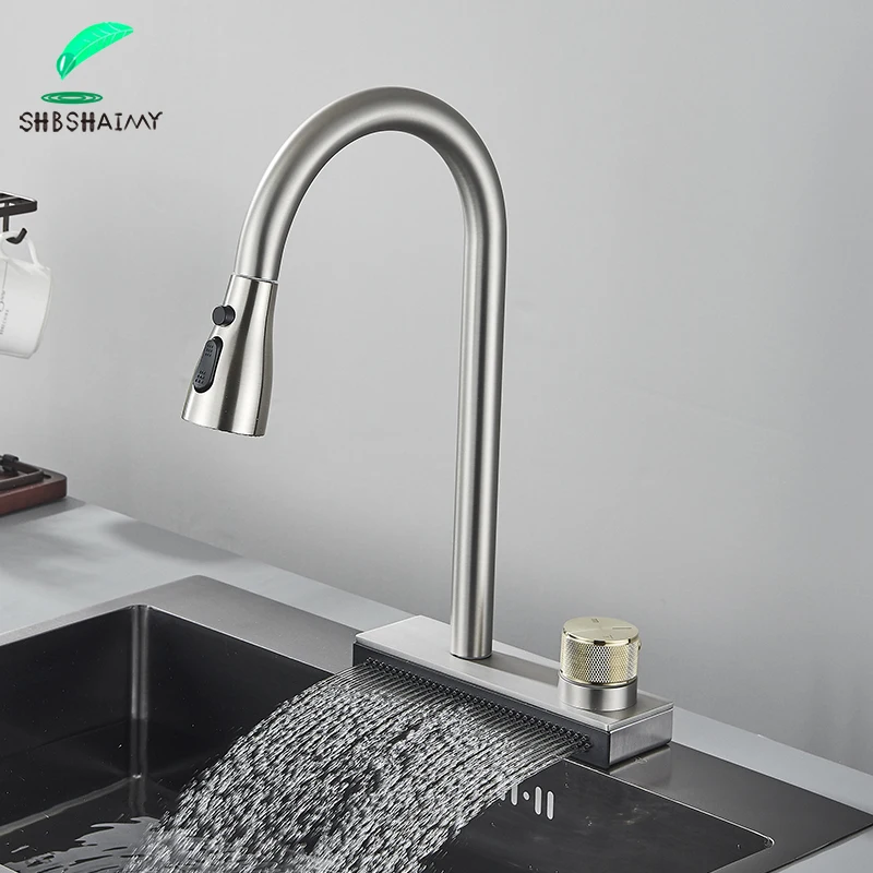 Grey Black Waterfall Sink Kitchen Faucet Hot Cold Mixer Wash Basin