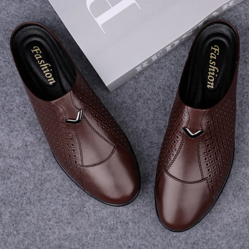 Fashion Mens Soft-soled Half Flats Outdoor Male Muller Shoes Summer Slippers Cool Casual Shoes Genuine Leather Half Drag Sandals