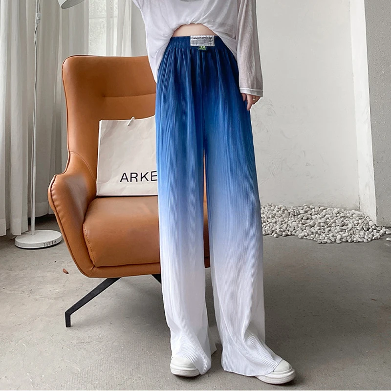 

Casual Pants Gradient Tie Dye Floor-Length Pleated Drape Ice Silk Loose Women Trousers Summer Wide Leg Pants Vintage Female