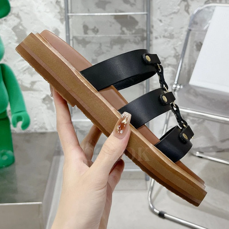 

2024 New Female Slippers Summer Real Leather Material Platform Sandals Narrow Band Design Upper Thick Bottom Ladies Shoes