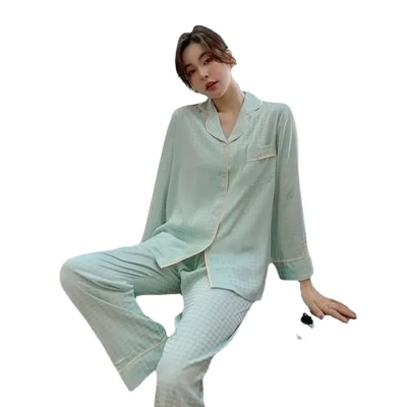 Pajamas Set for Women Ice Silk Long-sleeved Luxury Home Clothes Houndstooth Sleepwear Homewear Women's Pajamas Autumn and Winter