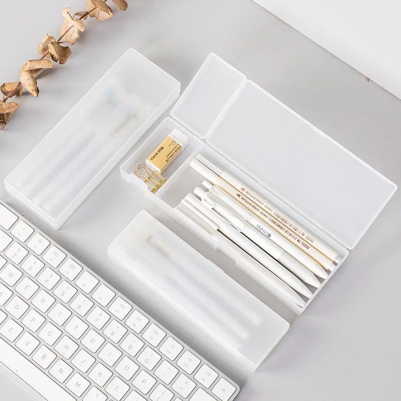Pencil Cases Pens Storage School Office Simple Matte Transparent Plastic Box Frosted White Stationery Supplies